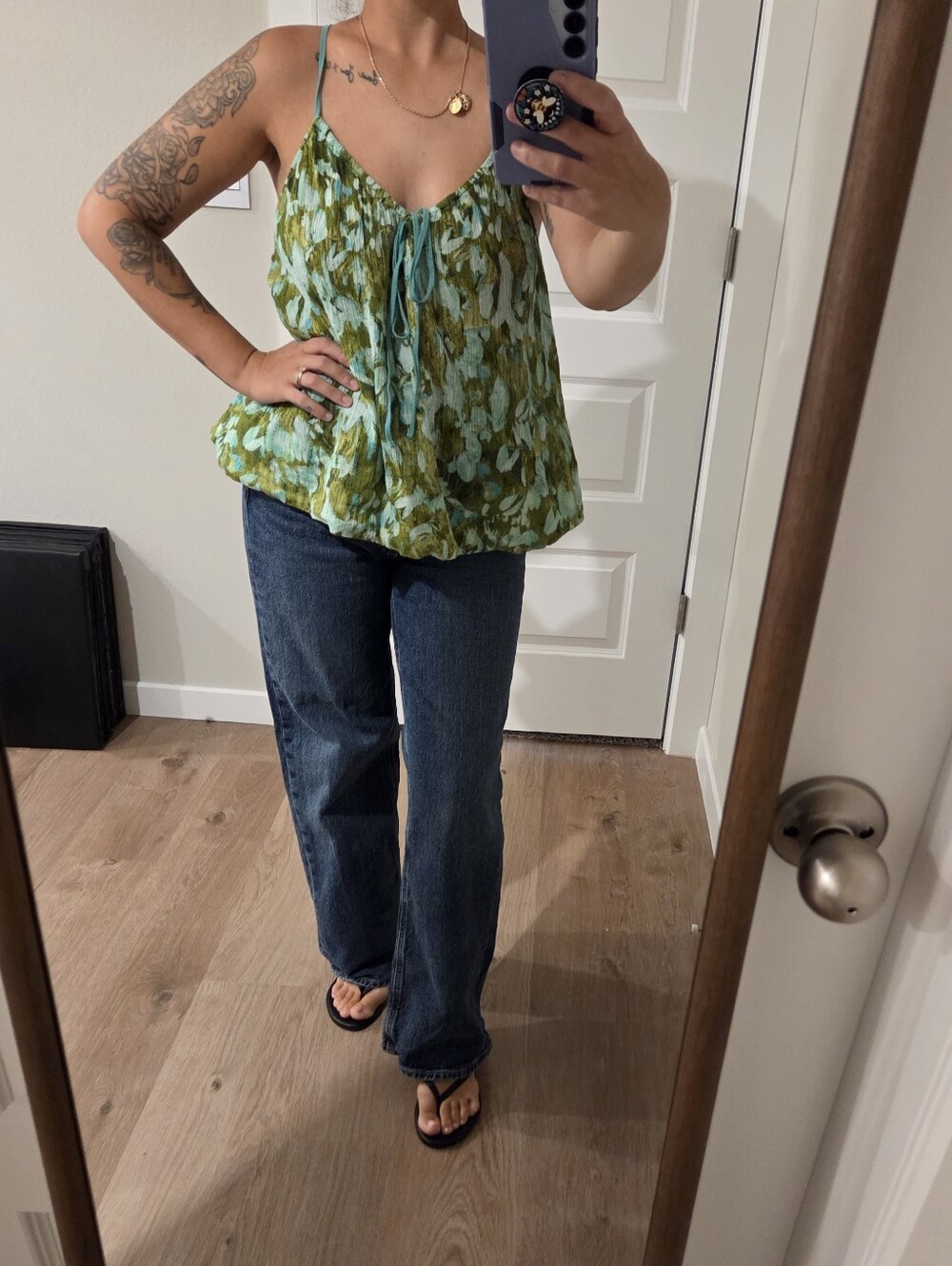 Anthropologie Green and Aqua Floral Spaghetti Strap Top